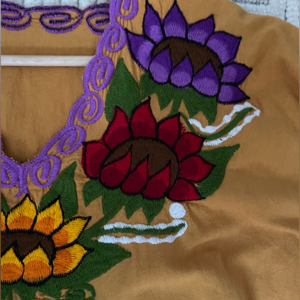 Mexican Embroidered Floral Tank Dress in Mustard with Multicolor Bloom - Picture 4 of 8